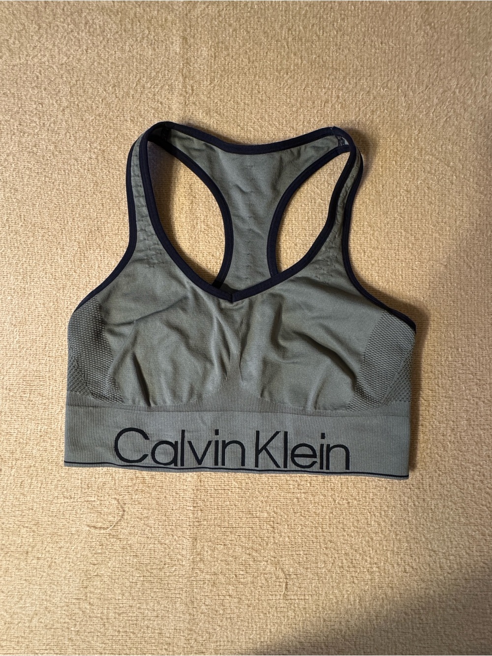 Calvin Klein Olive Racerback Seamless Sports Bra with Contrast Trim